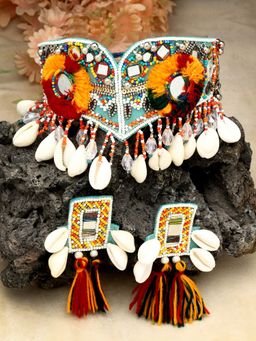 Moedbuille - Crytals Beads and Mirrors Studded Tasselled Contemporary Design Pom-Pom Jewellery Set