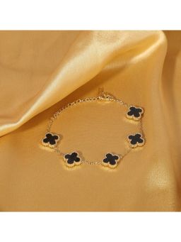 Jazz and Sizzle - Trendy Gen-Z Gold Plated Stainless Steel Black Colour Flower Charm Chain Bracelet