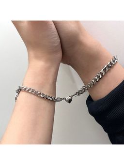 Jazz and Sizzle - Silver-Tone Heart Love Chain Bracelet Set Gift For Him And Her (Pack of 2)