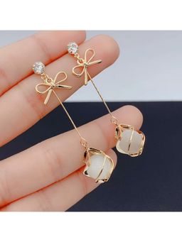 Jazz and Sizzle - Gold Plated Bow Knot Long Drop Earrings With White Flower Pearl Charm For Women