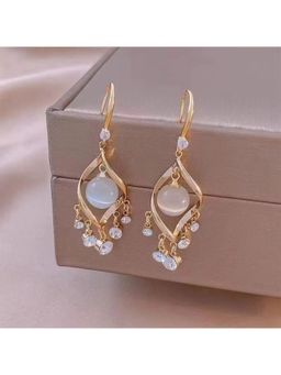 Jazz and Sizzle - Stylish Gold Bow Stud Long Chain Earrings With White Flower Drop