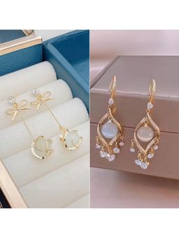 Jazz and Sizzle - Bow Knot Long Drop Earrings With White Flower Pearl Charm Combo (Pack of 2)