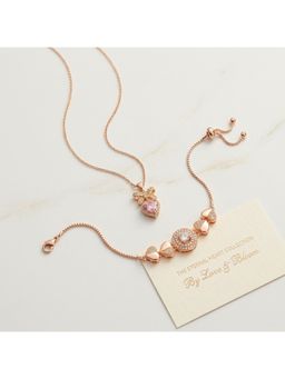 Jazz and Sizzle - Rose Gold Bow Heart Pendant Necklace With Pink Crystal