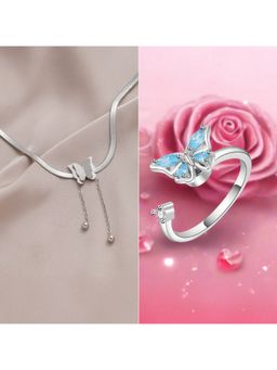 Jazz and Sizzle - Silver Plated Blue Stone & Butterfly Shaped Ring & Chain Necklace For Women