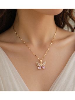 Jazz and Sizzle - Elegant Butterfly Pendant Necklace With Pink Crystal - Gold Plated Chain