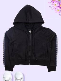 KiddoPanti - Girls Full Sleeve with Tape Front Zip Open Crop Length Hoodies