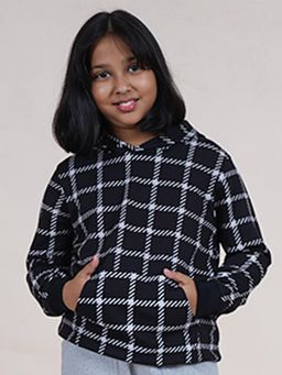 KiddoPanti - Girls Fleece Full Sleeves Check Printed Hoodies