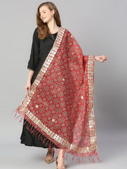 Dupatta Bazaar - Womens Red Ikat Printed Kota Cotton Dupatta with Gotta Patti