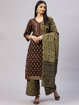 Biba - Black Cotton Unstitched Suit Set (Set of 3)