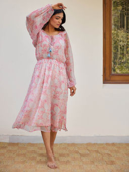 Kapraaha - Pink Soft Floral Printed Chiffon Dress