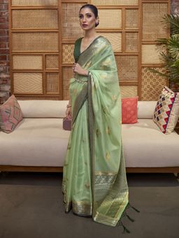Akhilam - Womens Organza Green Woven Designer Saree with Unstitched Blouse
