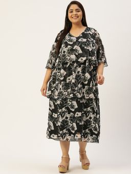 theRebelinme - Plus Size Women Black Rose Floral Printed Georgette Layered Midi Dress