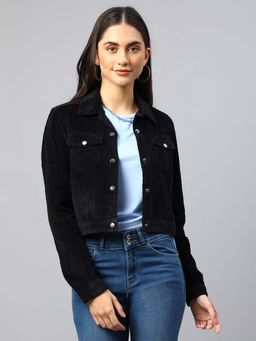 Xpose - Women Black Solid Corduroy Crop Tailored Jacket