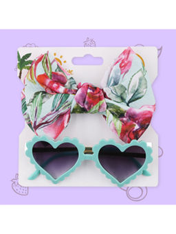Polka Tots - Floral Print Bow Headband & Sunglass Set Of 2 - Aqua (2-4 Years)
