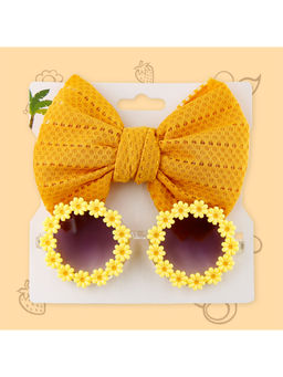 Polka Tots - Eyelet Bow Headband and Floral Sunglass Set Of 2 - Yellow (2-4 Years)