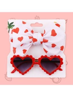 Polka Tots - Heart Print Bow Headband & Sunglass Set Of 2 - Red & White (2-4 Years)