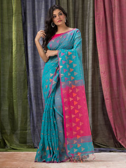 Angoshobha - Cotton Blended Blue Handloom Tangail Saree with Unstitched Blouse