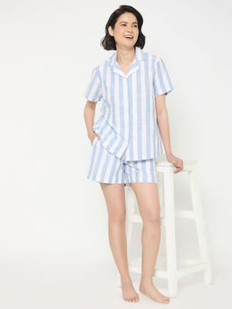 Clovia - Blue Cotton Printed Shirt and Shorts (Set of 2)