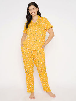 Clovia - Yellow Rayon Printed Shirt and Pyjama (Set of 2)