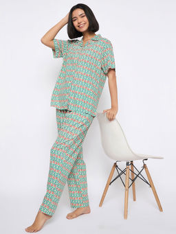 Clovia - Multi-Color Rayon Printed Shirt and Pyjama (Set of 2)