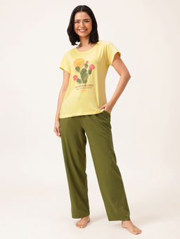 Clovia - Yellow Cotton Printed T-shirt and Pyjama (Set of 2)