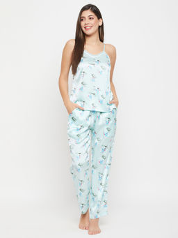 Clovia - Blue Satin Printed Top and Pyjama (Set of 2)