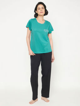 Clovia - Teal Cotton Printed T-shirt and Pyjama (Set of 2)