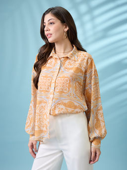 Globus - Women Yellow Ethnic Print Spread Collar Puffed Cuff Sleeves Oversized Shirt
