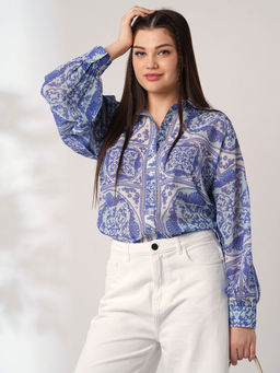 Globus - Women Blue Ethnic Print Spread Collar Cuffed Sleeves Oversized Shirt