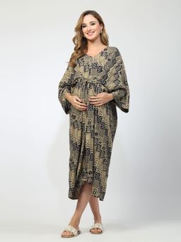 Zelena - Printed Maternity Feeding Kaftan Rayon Dress Blue