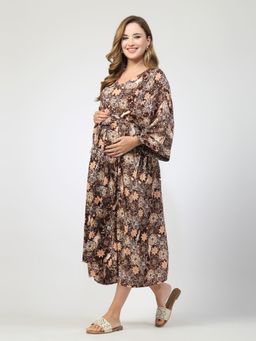 Zelena - Printed Maternity Feeding Kaftan Rayon Dress Brown