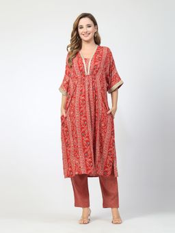 Zelena - Floral Maternity and Nursing Kurta A-Line Feeding and Pant Red