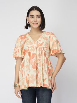 Zelena - Rayon Printed Maternity and Nursing Top Gathered Feeding Top with Zip Orange