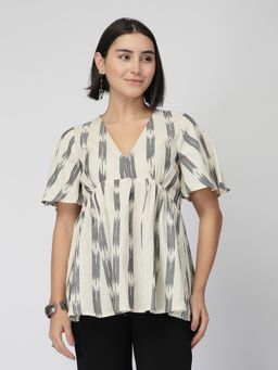 Zelena - Ikat Maternity and Nursing Top Cotton Feeding Kurti with Front Zip Off White