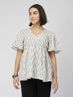 Zelena - Ikat Maternity and Nursing Top Cotton Feeding Kurti with Front Zip Off-White