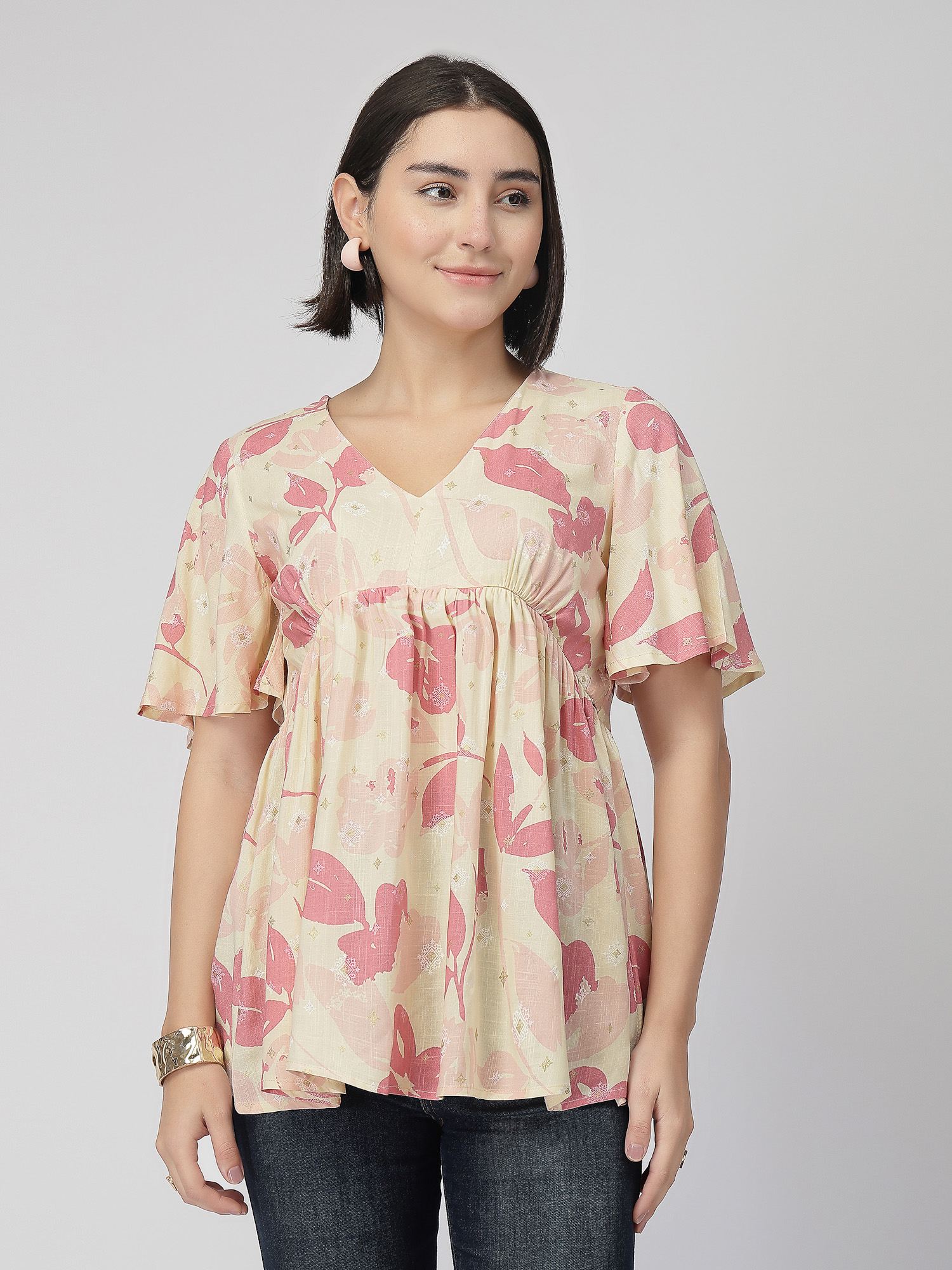 zelena Printed Maternity and Nursing Top Rayon Gathered Feeding with Front Zip Pink-picture-44