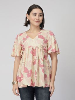 Zelena - Printed Maternity and Nursing Top Rayon Gathered Feeding with Front Zip Pink