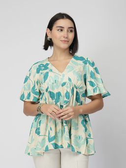 Zelena - Gathered Maternity and Nursing Top Rayon Feeding Top with Zip Turquoise