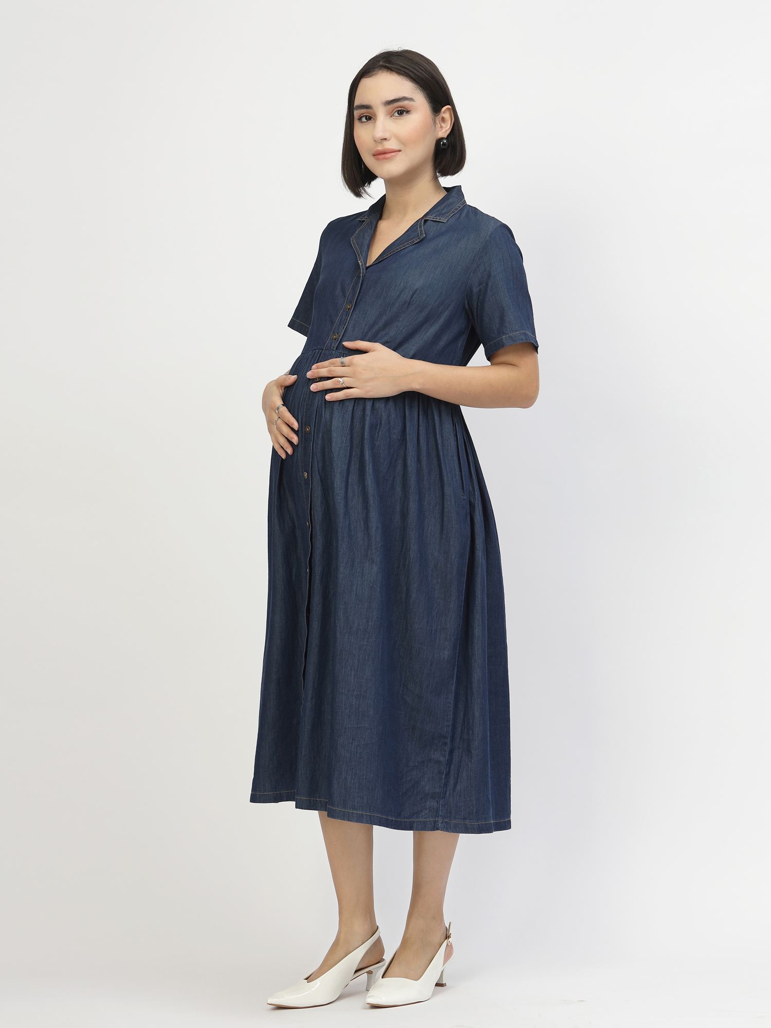 zelena Maternity and Nursing Dress Cotton Feeding with Button Denim Blue-picture-23