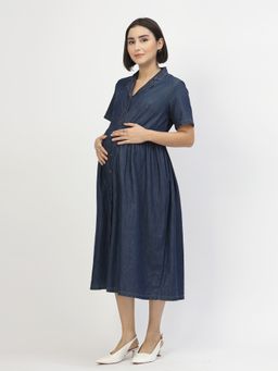 Zelena - Maternity and Nursing Dress Cotton Feeding with Button Denim Blue