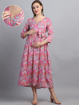 Moms Maternity - Women's Floral Print Cotton Slub Pink Color Maternity Maxi Wrap Dress