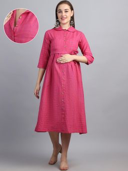 Moms Maternity - Women's Checked Print Khadi Cotton Pink Maternity Midi Shirt Dress