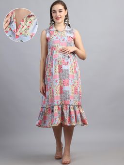 Moms Maternity - Floral Printed Multi Color Shirt Collar Cotton Maternity Midi Dress