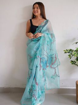 Odette - Light Blue Printed Organza Saree with Unstitched Blouse