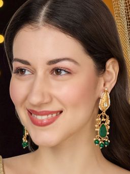 OOMPH - Women Matte Gold Plated Big Green Stone Detailing Drop Earrings