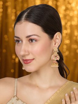 OOMPH - Women Pink Meenakari Kundan White Stone Jhumka Earrings