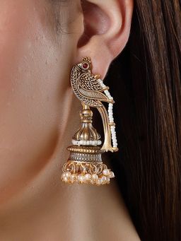 OOMPH - Women Antique Peacock Shape Red Stone Ethnic Jhumka Earrings