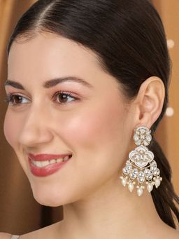 OOMPH - Women White Kundan and Pearls Drop Earrings