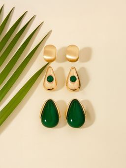 Accessorize London - Women Green Curve Stone Earrings (Pack of 3)