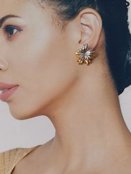 OOMPH - Women Gold and Silver Dual Tone Floral Design Stud Earrings